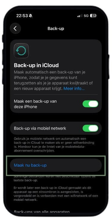 Stap 5 back-up maken: klik op maak nu back-up